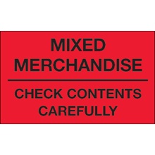 3 x 5" - "Mixed Merchandise - Check Contents Carefully" (Fluorescent Red) Labels