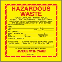 6 x 6" - "Hazardous Waste - California" Labels