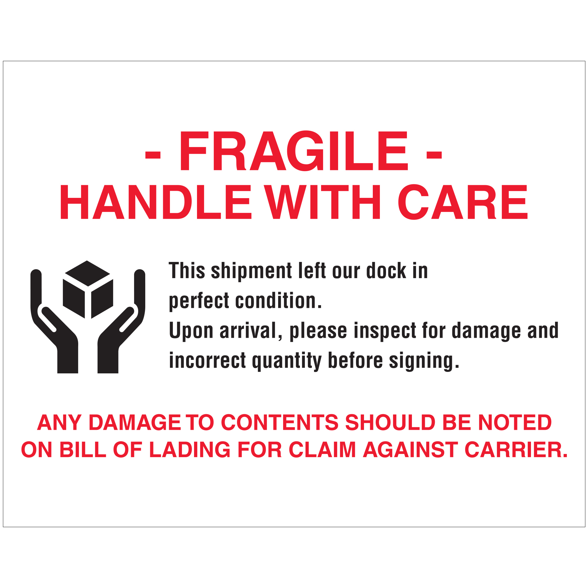 8 x 10" - Fragile Handle With Care Labels